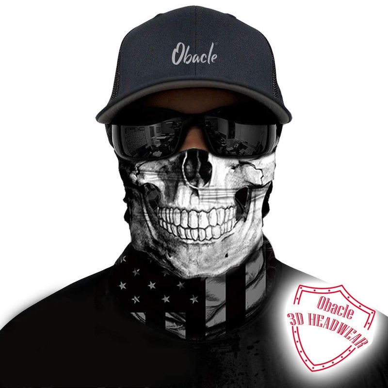 Obacle Skull Face Mask Sun UV Dust Wind Protection Tube Mask Seamless Bandana Skeleton Face Mask for Men Women Bike Riding Motorcycle Cycling Biker Outdoor Festival (Black Gray Skull White Face Flag) - Image 2
